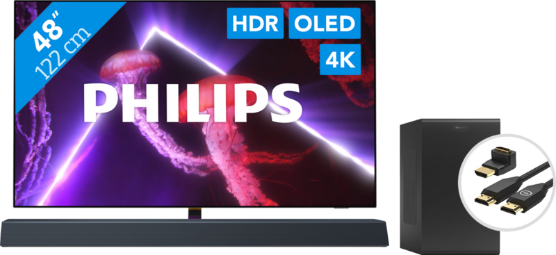 Philips 48OLED807 – Ambilight (2022) + Soundbar + Hdmi kabel televisie